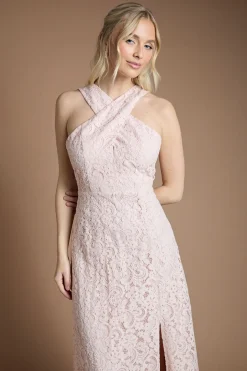 Robe Longue de Demoiselle d'Honneur à Col Croisé en Dentelle