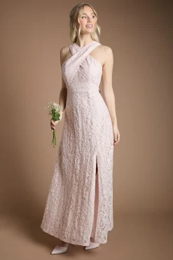 Robe Longue de Demoiselle d'Honneur à Col Croisé en Dentelle
