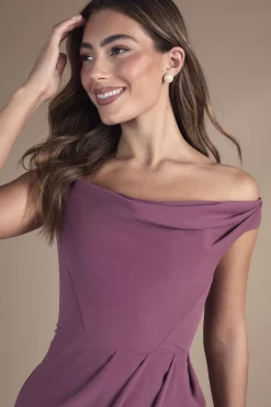 Robe Longue de Demoiselle d'Honneur en Crêpe à Encolure Bardot Froncée