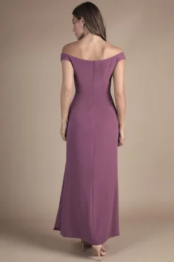 Robe Longue de Demoiselle d'Honneur en Crêpe à Encolure Bardot Froncée