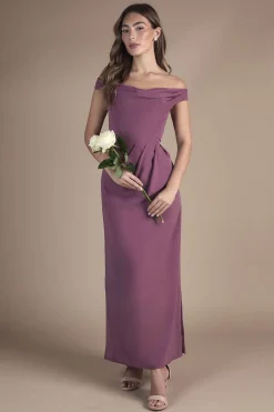 Robe Longue de Demoiselle d'Honneur en Crêpe à Encolure Bardot Froncée