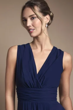 Robe Longue de Demoiselle d'Honneur à Devant Croisé et Taille Plissée
