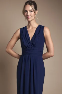 Robe Longue de Demoiselle d'Honneur à Devant Croisé et Taille Plissée