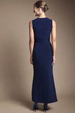Robe Longue de Demoiselle d'Honneur à Devant Croisé et Taille Plissée