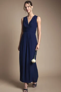 Robe Longue de Demoiselle d'Honneur à Devant Croisé et Taille Plissée