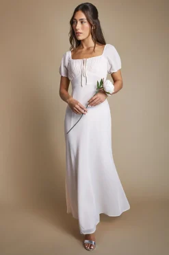 Robe Longue De Demoiselle D'honneur En Mousseline Rose Avec Manches Papillon Et Corsage Cache-cœur