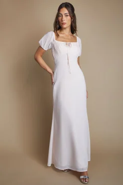 Robe Longue De Demoiselle D'honneur En Mousseline Rose Avec Manches Papillon Et Corsage Cache-cœur