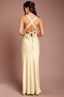Oasis Robe Longue De Demoiselle D'honneur En Satin Jaune À Bretelles Croisées Et Dos Noué<Femme Robes Demoiselles D'Honneur|Satin Et Dentelle