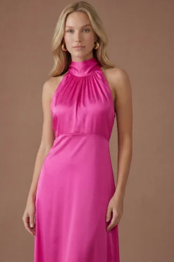 Robe Longue De Demoiselle D'honneur Rose Vif En Satin Avec Col Licou