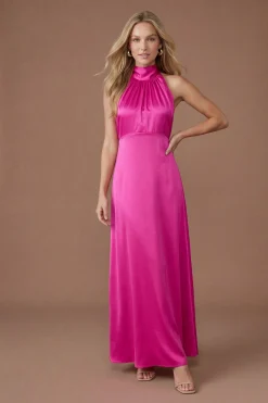 Robe Longue De Demoiselle D'honneur Rose Vif En Satin Avec Col Licou