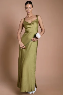 Robe Longue De Demoiselle D'honneur En Satin Olive Avec Bretelles Croisées Et Dos Noué