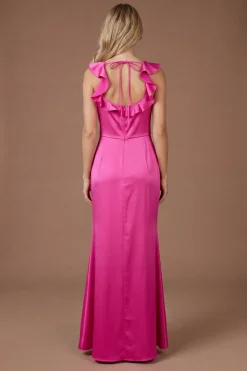Robe Longue De Demoiselle D'honneur En Satin Rose Vif À Encolure Carrée Et Volants