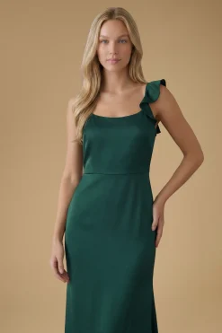 Robe Longue De Demoiselle D'honneur En Satin Émeraude À Encolure Carrée Et Volants