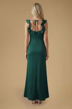 Robe Longue De Demoiselle D'honneur En Satin Émeraude À Encolure Carrée Et Volants