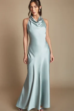 Robe Longue De Demoiselle D'honneur En Satin Vert Sauge Col Bénitier Dos Nu