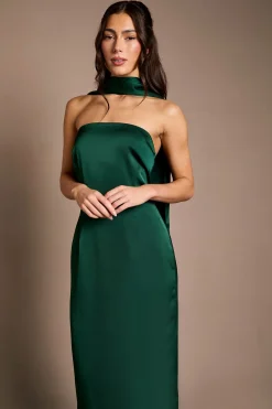 Robe Longue De Demoiselle D'honneur Émeraude En Satin À Bustier Avec Foulard