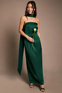 Robe Longue De Demoiselle D'honneur Émeraude En Satin À Bustier Avec Foulard