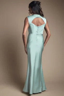 Robe Longue De Demoiselle D'honneur En Satin Sauge Avec Détail Dos Ouvert