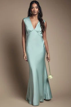 Robe Longue De Demoiselle D'honneur En Satin Sauge Avec Détail Dos Ouvert