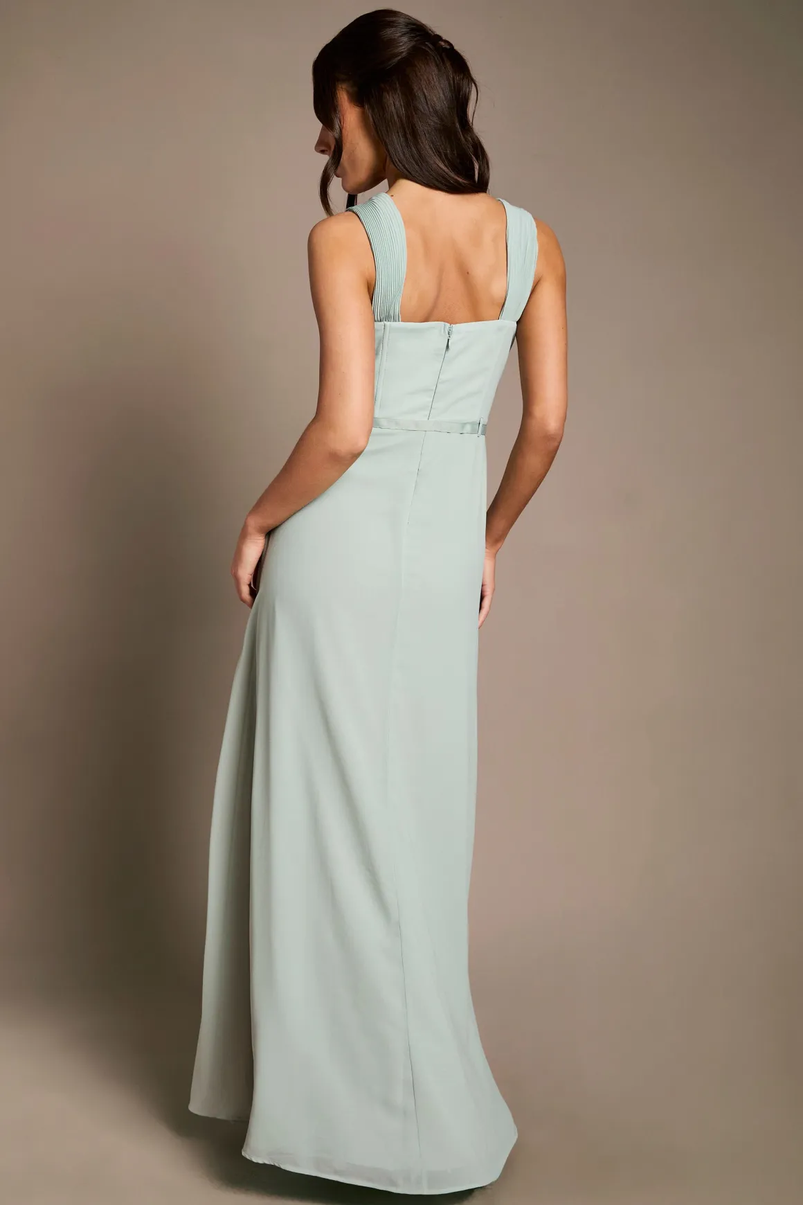 Robe Longue De Demoiselle D'honneur En Mousseline Plissée Avec Nœud Aux Manches