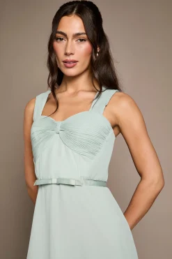 Robe Longue De Demoiselle D'honneur En Mousseline Plissée Avec Nœud Aux Manches