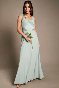 Robe Longue De Demoiselle D'honneur En Mousseline Plissée Avec Nœud Aux Manches