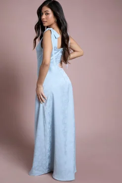 Robe Longue De Demoiselle D'honneur Petite Taille Bleu Clair Encolure Carrée Mousseline Épaules À Nouer Jacquard Satiné