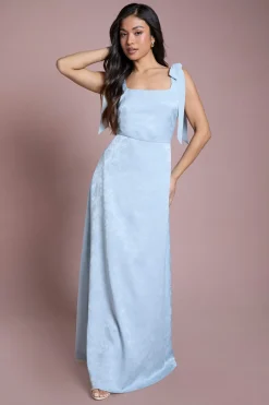 Robe Longue De Demoiselle D'honneur Petite Taille Bleu Clair Encolure Carrée Mousseline Épaules À Nouer Jacquard Satiné