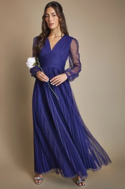 Robe Longue De Demoiselle D'honneur En Tulle Avec Col En V Et Manches Volumineuses