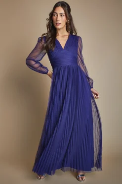 Robe Longue De Demoiselle D'honneur En Tulle Avec Col En V Et Manches Volumineuses