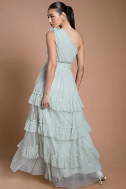 Robe Longue De Demoiselle D'honneur Sage À Une Épaule En Mesh Plissé À Volants Étagés