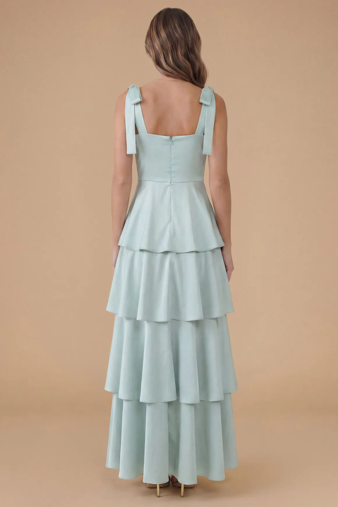 Robe Longue De Demoiselle D'honneur En Satin Avec Liens Aux Épaules