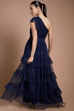 Robe Longue De Demoiselle D'honneur Plissée En Mesh Bleu Marine À Une Épaule Avec Volants Étagés