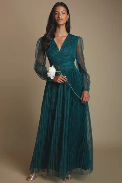 Robe Longue De Demoiselle D'honneur En Tulle À Col En V Et Manches Volumineuses Petite Taille