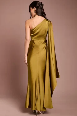 Robe Longue de Demoiselle d'Honneur en Satin Asymétrique avec Finitions Dorées