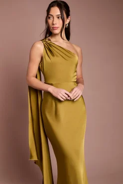 Robe Longue de Demoiselle d'Honneur en Satin Asymétrique avec Finitions Dorées