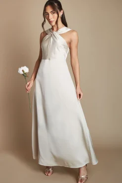 Robe Longue De Demoiselle D'honneur En Satin À Col Halter Torsadé Petite