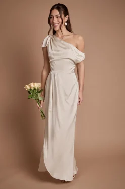 Robe Longue de Demoiselle d'Honneur à Épaule Tombante avec Détail Nœud
