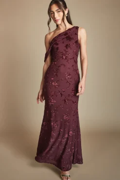 Robe Longue De Demoiselle D'honneur À Épaule Drapée En Mesh Dévoré