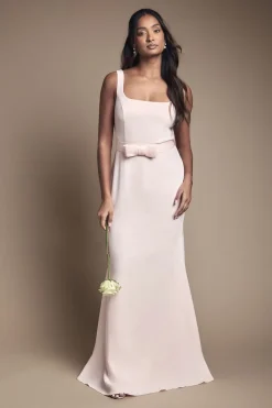 Robe Longue de Demoiselle d'Honneur en Crêpe avec Encolure Carrée et Détail Nœud