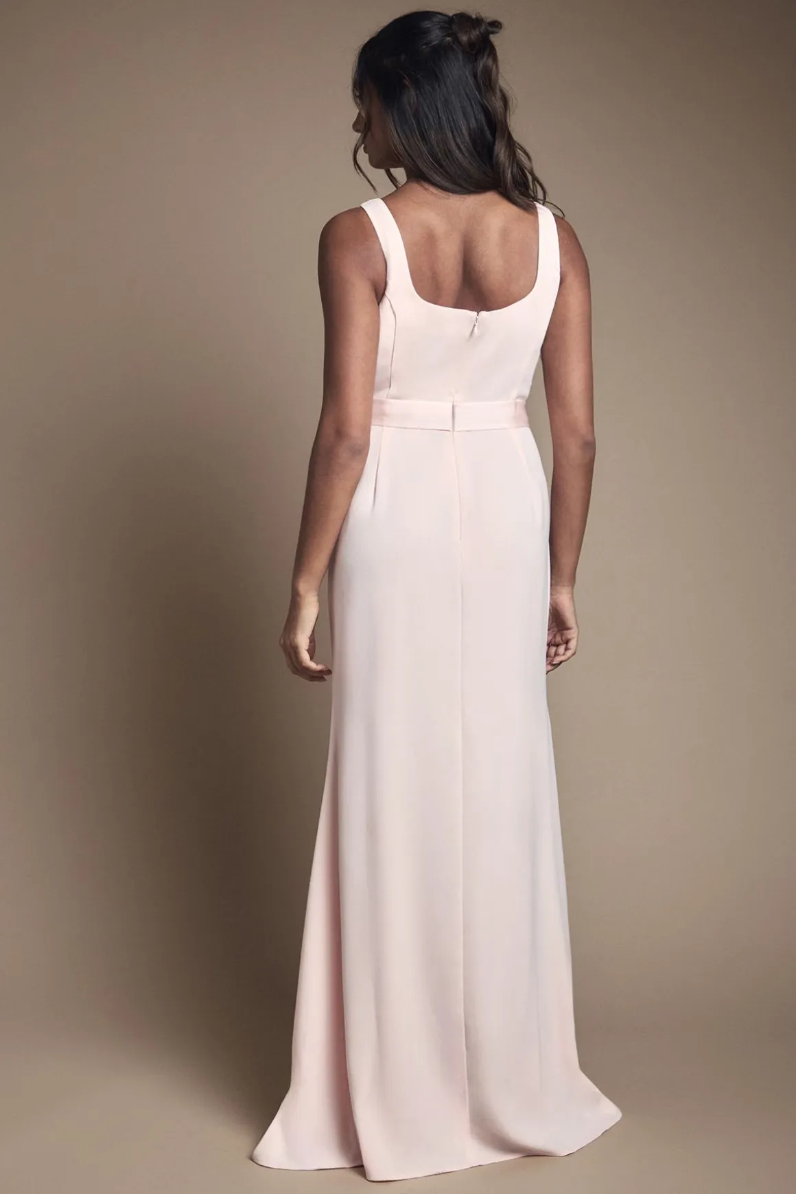 Robe Longue de Demoiselle d'Honneur en Crêpe avec Encolure Carrée et Détail Nœud