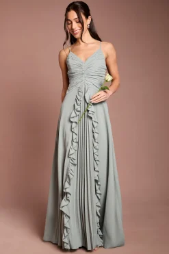 Robe Longue De Demoiselle D'honneur À Col En V Avec Détails Plissés
