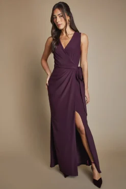 Robe Longue de Demoiselle d'Honneur en Crêpe avec Détail Cache-Cœur et Col en V