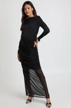 Robe Longue de Maternité à Corps Froncé et Jupe en Maille
