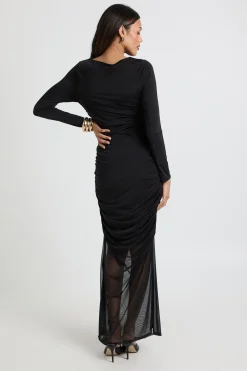 Robe Longue de Maternité à Corps Froncé et Jupe en Maille