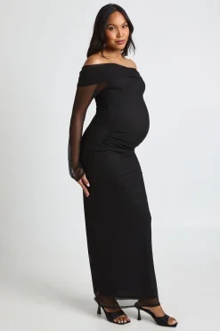 boohoo Robe Longue De Maternité À Encolure Bardot Avec Manches En Mesh Froncé<Femme Robes À Manches Longues|Robes
