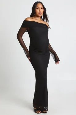 boohoo Robe Longue De Maternité À Encolure Bardot Avec Manches En Mesh Froncé<Femme Robes À Manches Longues|Robes