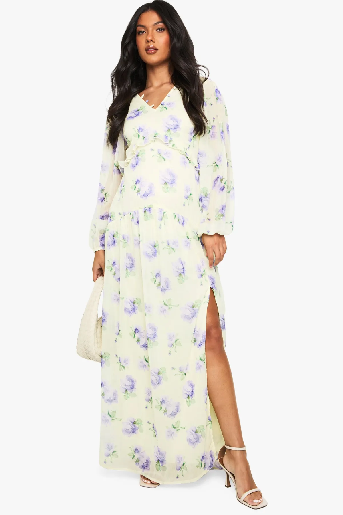 boohoo Robe Longue De Maternité En Mousseline À Manches Longues Avec Taille Plissée<Femme Robes À Manches Longues|Robes