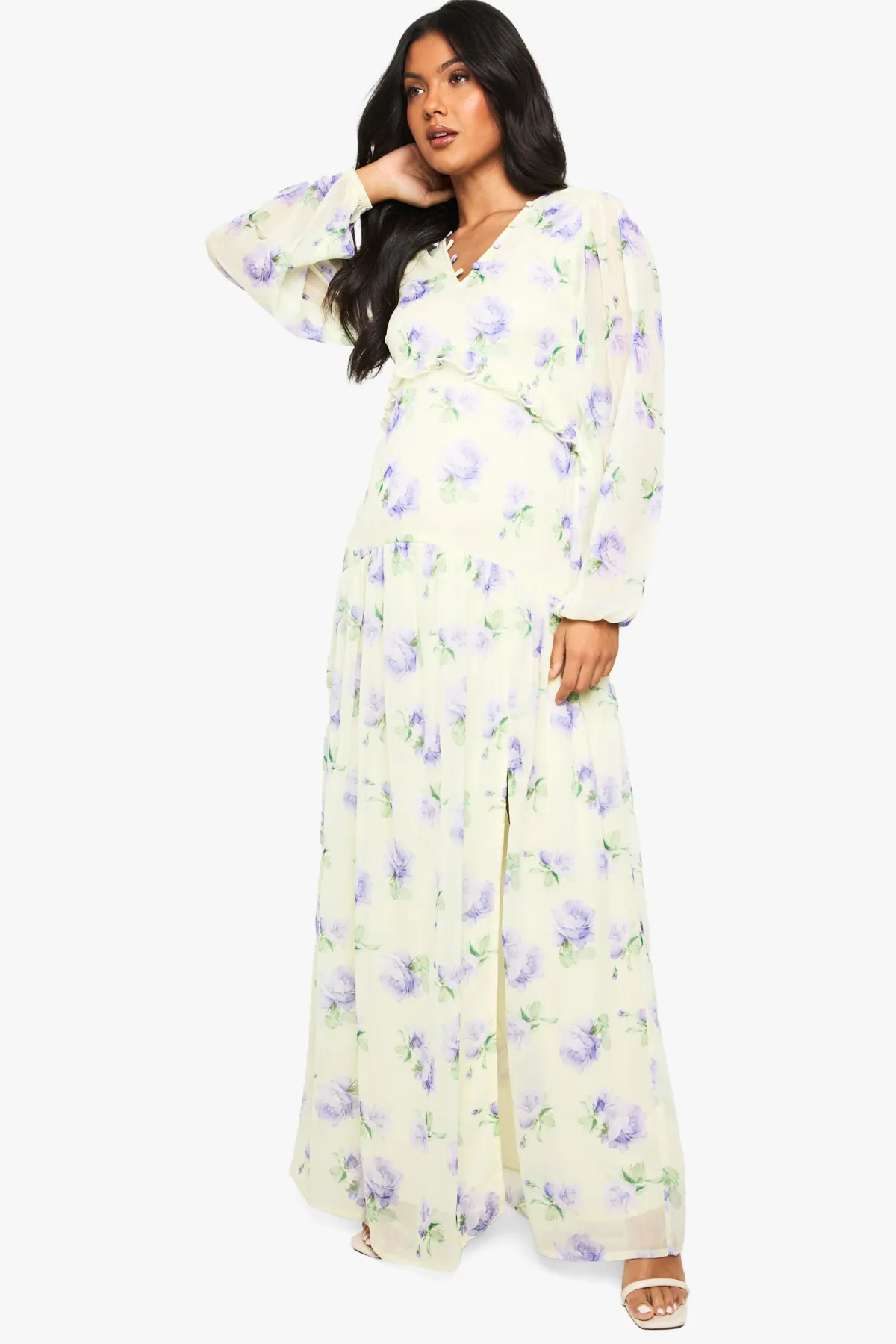 boohoo Robe Longue De Maternité En Mousseline À Manches Longues Avec Taille Plissée<Femme Robes À Manches Longues|Robes