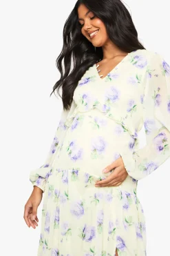 boohoo Robe Longue De Maternité En Mousseline À Manches Longues Avec Taille Plissée<Femme Robes À Manches Longues|Robes